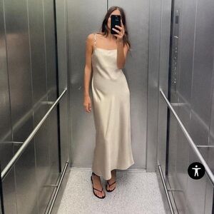 NWT Zara Satin Slip Dress in Cream with Beaded Straps XL